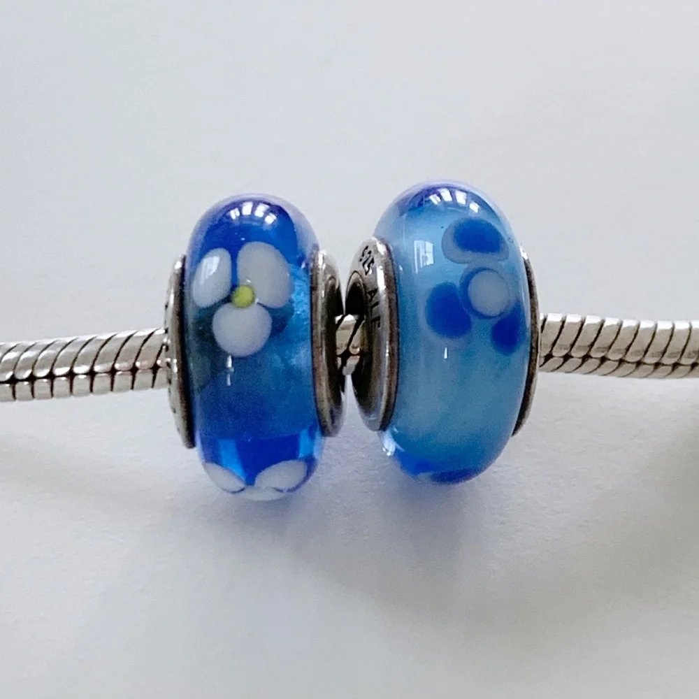 Authentic Pandora Flower Murano Glass Charms Blue - Picture 2 of 6